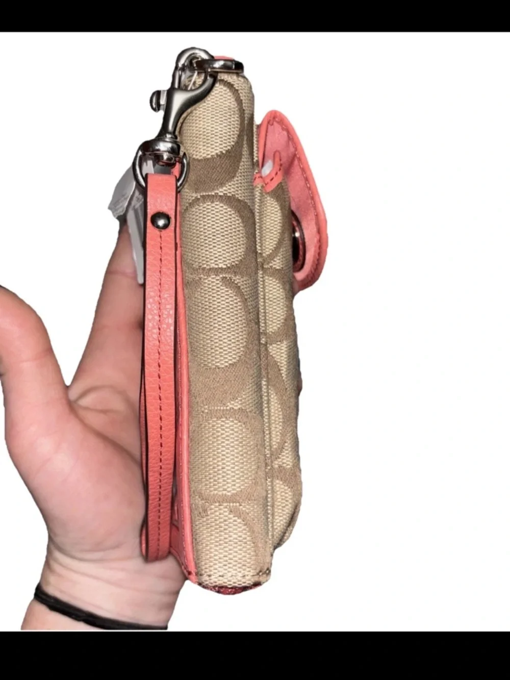 Coach Park Signature Zip Wallet Wristlet Khaki F50117 Brown Leather Clutch Coral